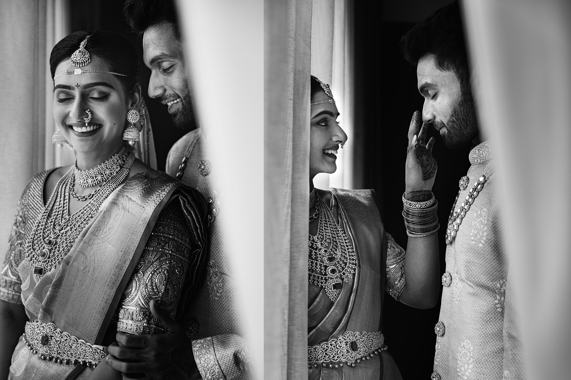 Photo of cute south indian couple shot with bride in red saree